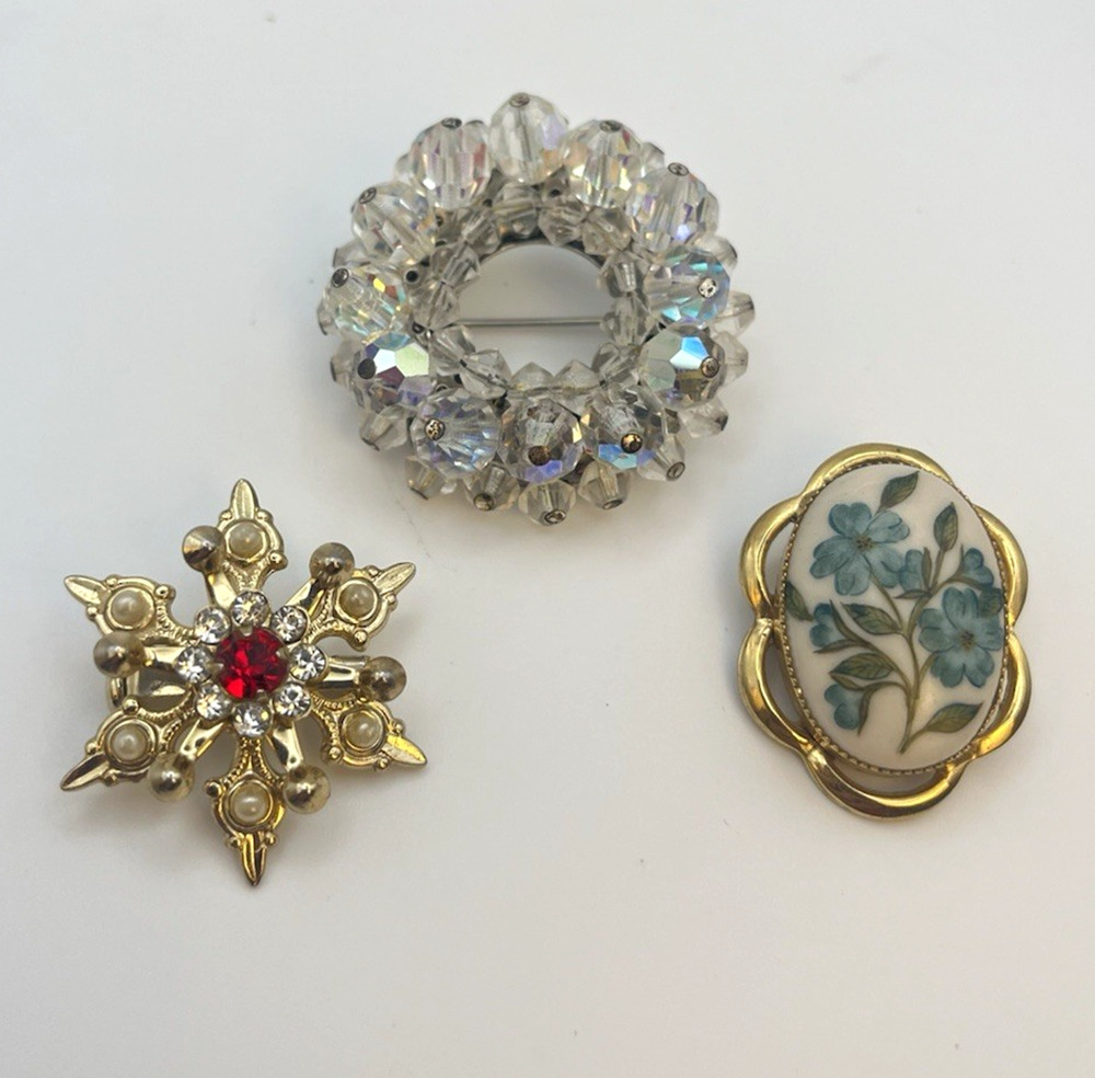 AB Crystal Bead Wreath Starburst Snowflake Hand Painted Porcelain Brooch Pin Lot